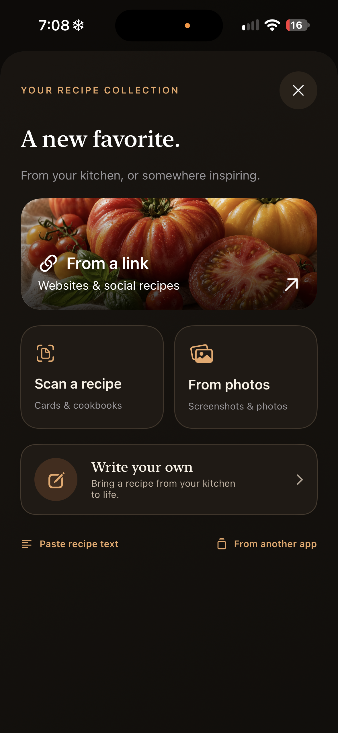 The initial add-recipe screen showing all available methods