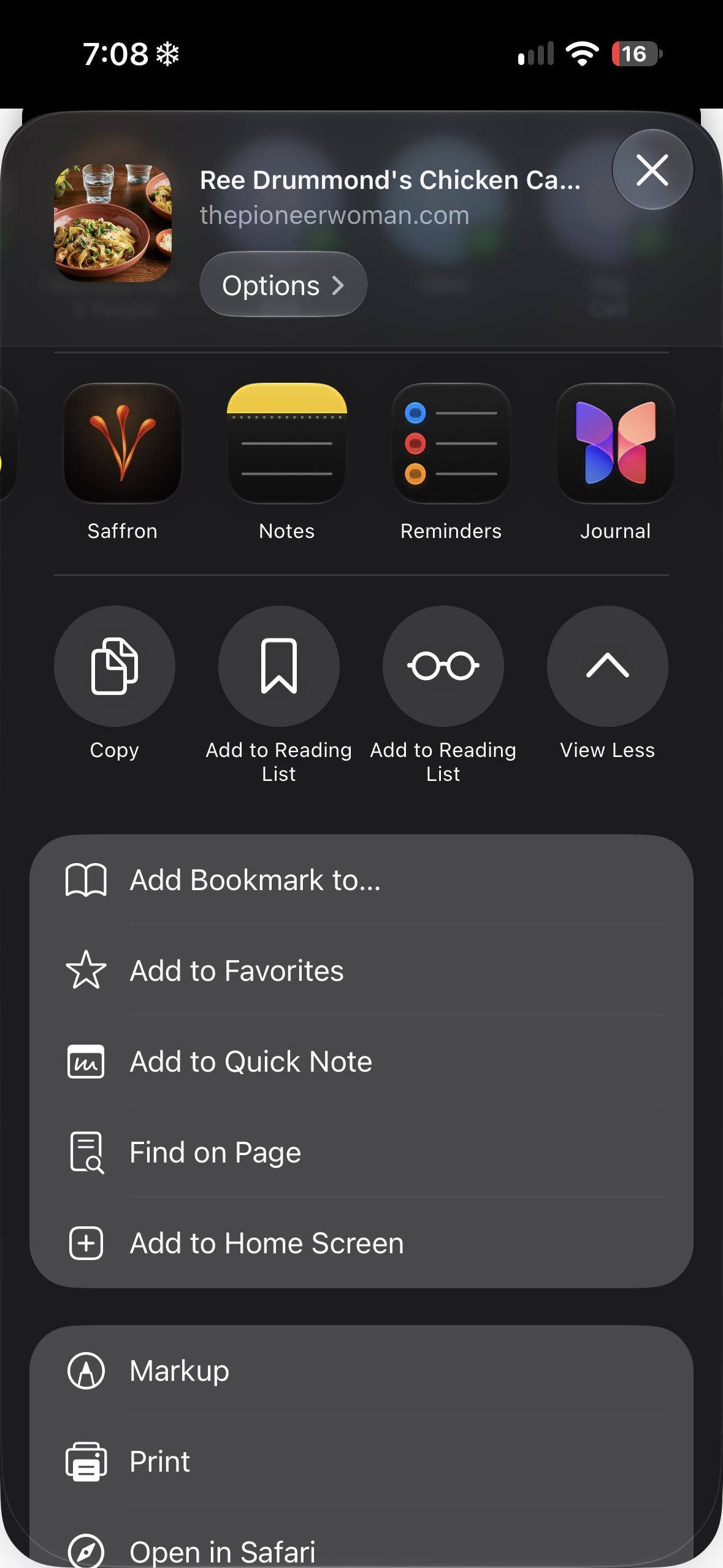 Safari share sheet with Saffron visible; use a nonprivate recipe