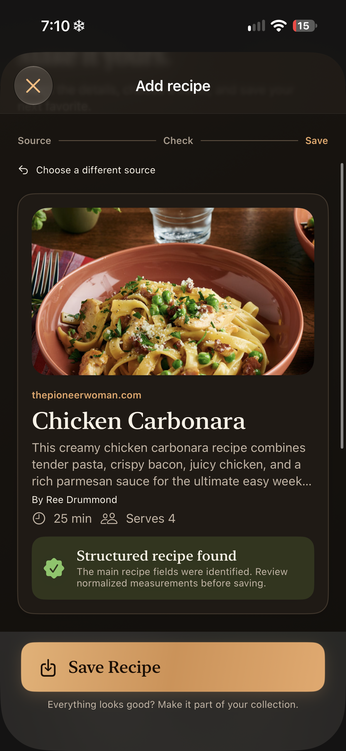 Example of the recipe review used after importing; this example was imported from a website