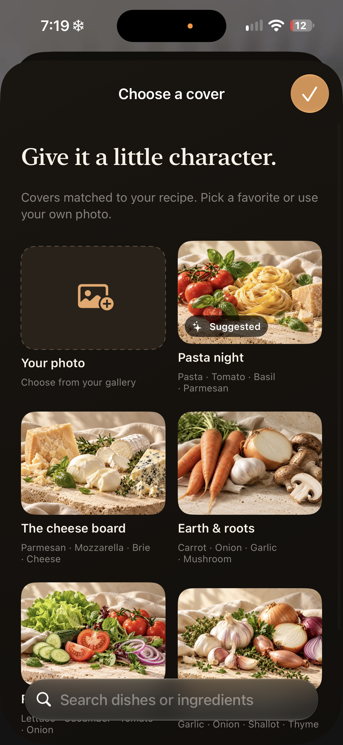 Cover picker showing Your photo and recipe-matched covers