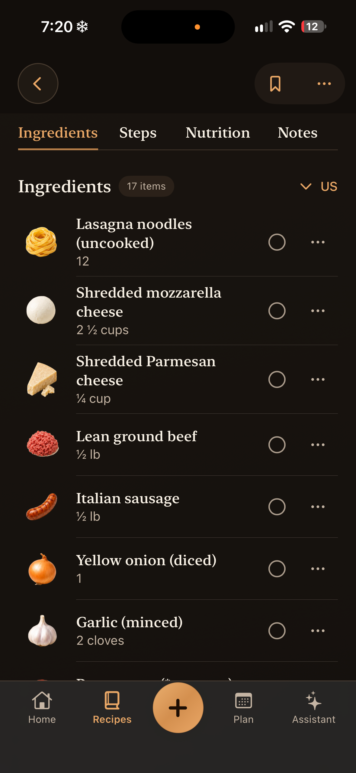 Recipe ingredients with quantities and measurement controls