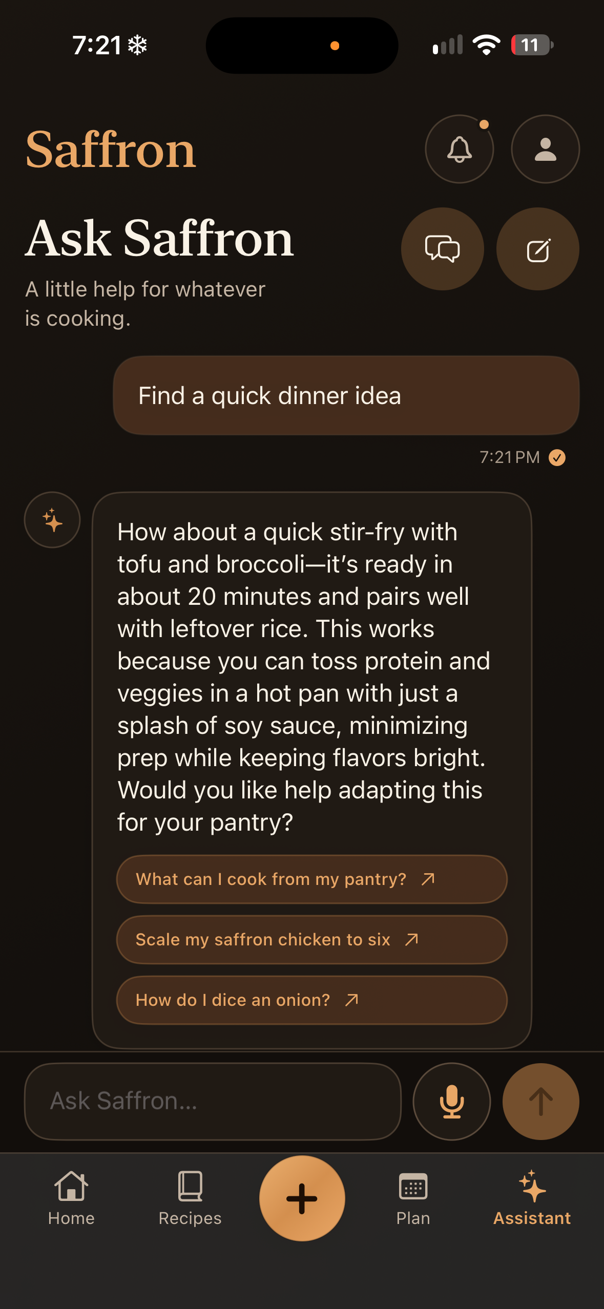 Assistant with a dinner question and completed answer