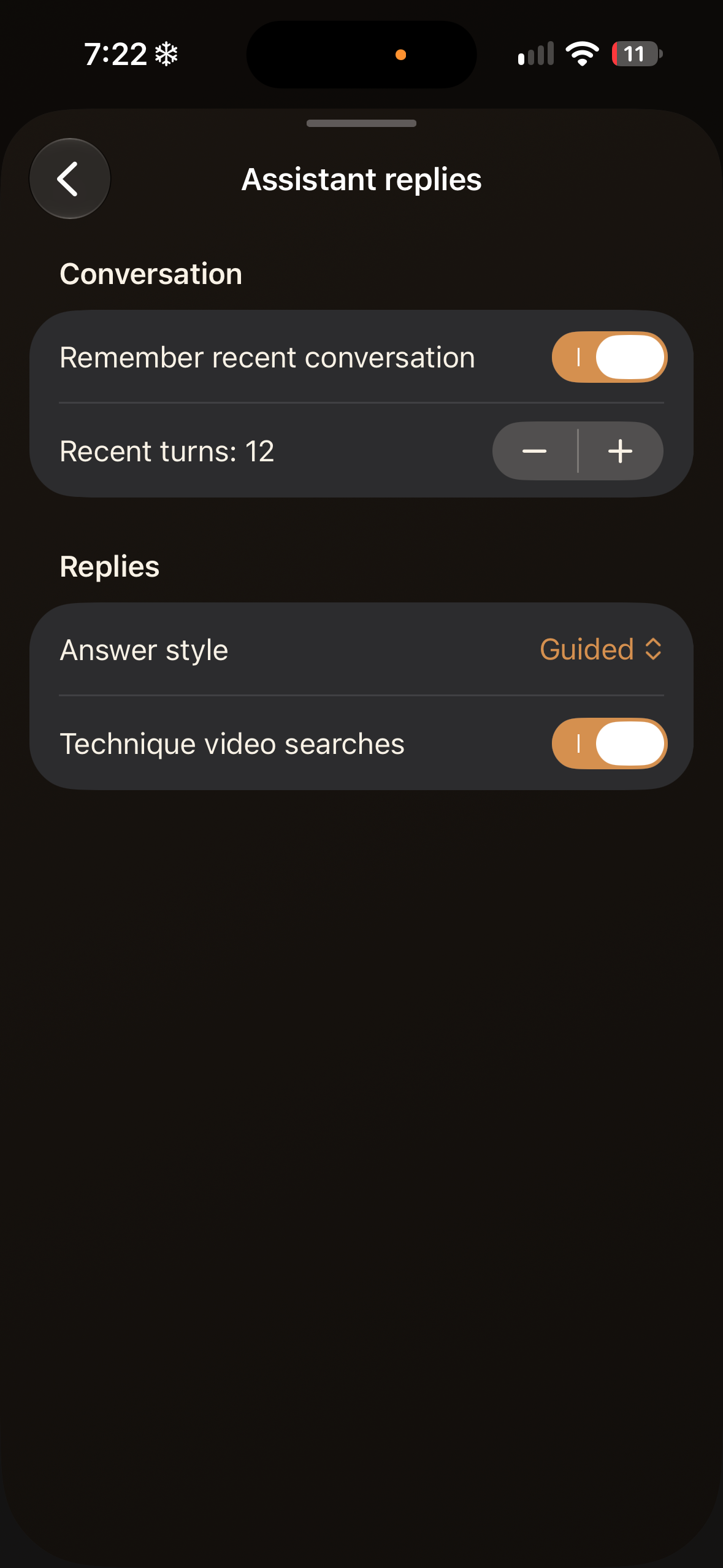 Assistant settings showing the options available on your iPhone