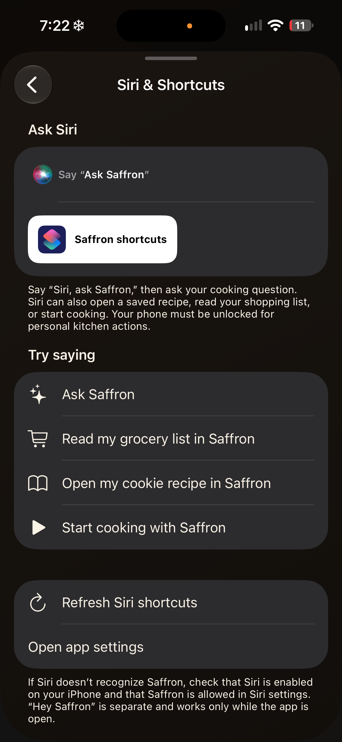 Saffron’s Siri & Shortcuts settings page