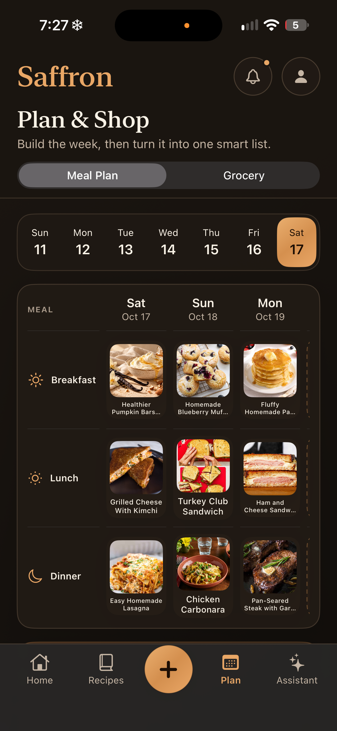 Meal planner with the weekly date selector and planned meals