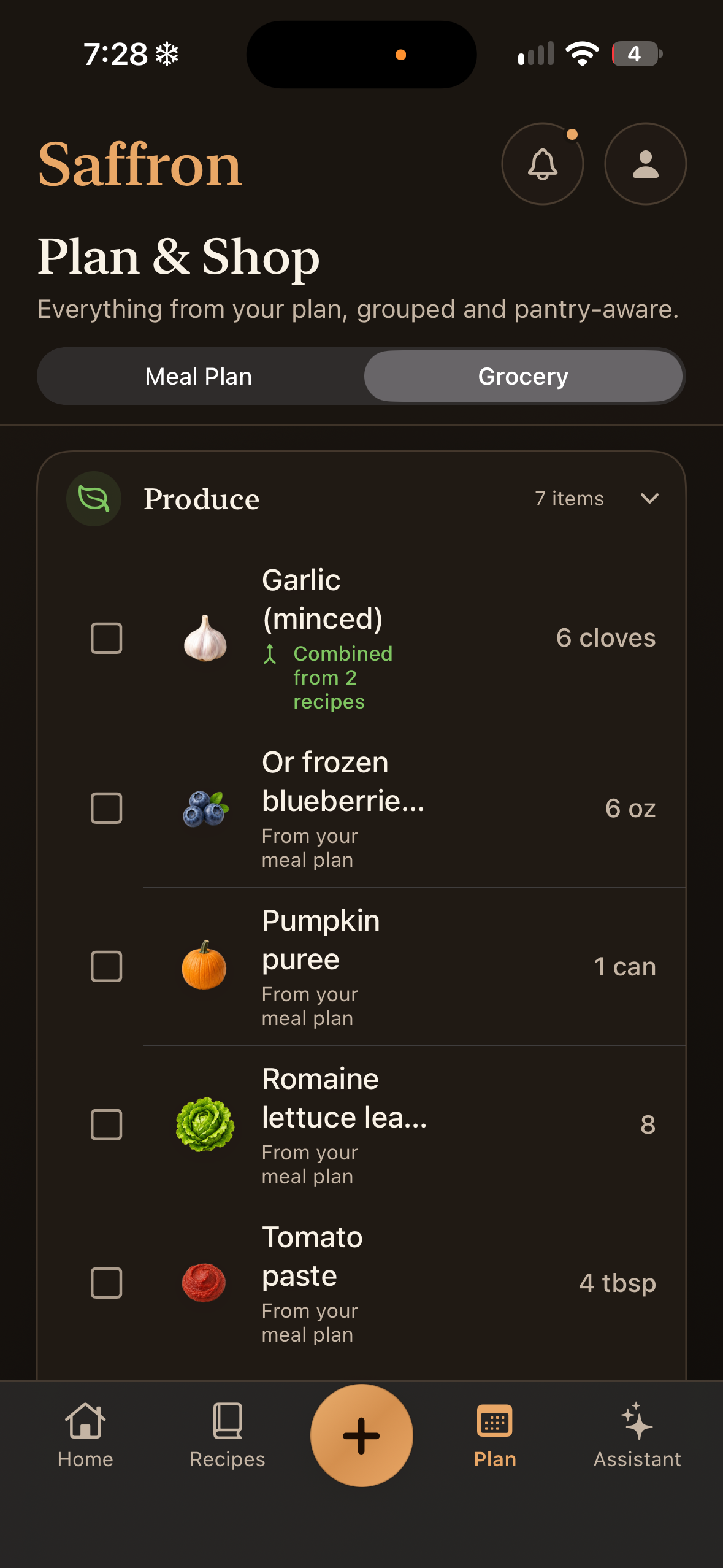 Grocery list with recipe ingredients and a checked item