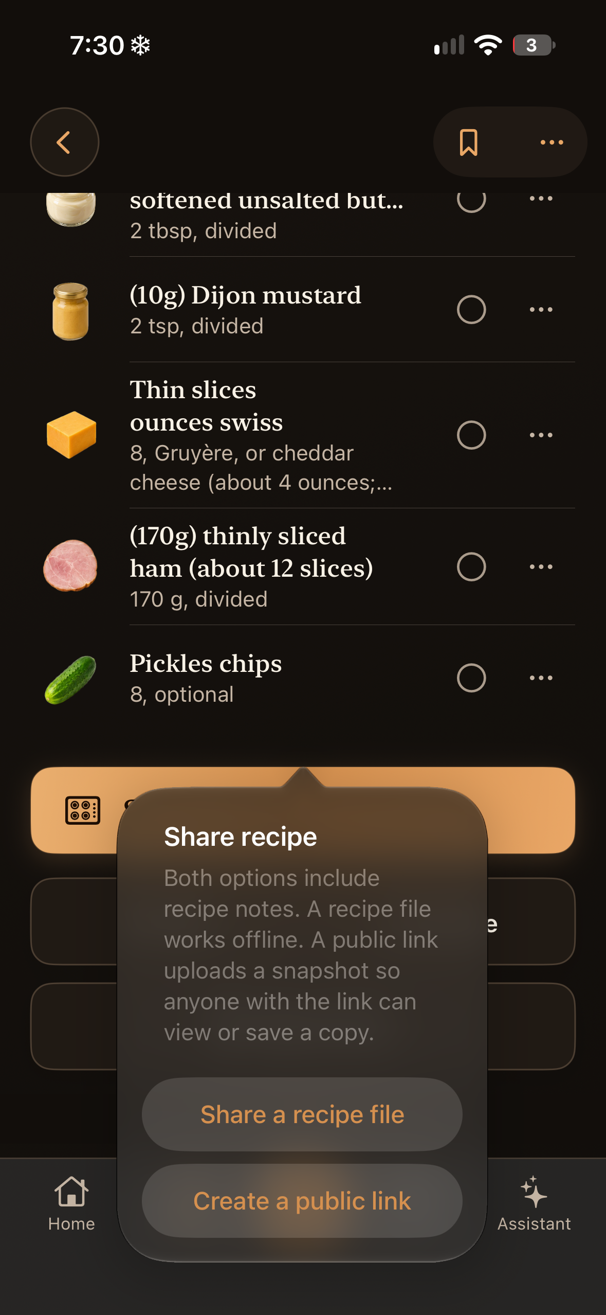 Recipe sharing choices for a file and a public link